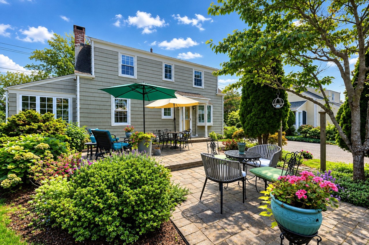 spacious patio surrounded by beautiful gardens – perfect for outdoor dining, entertaining, and relaxing.