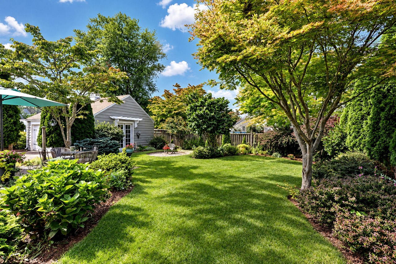 beautifully landscaped backyard - garage double doors open to a dedicated potting area.